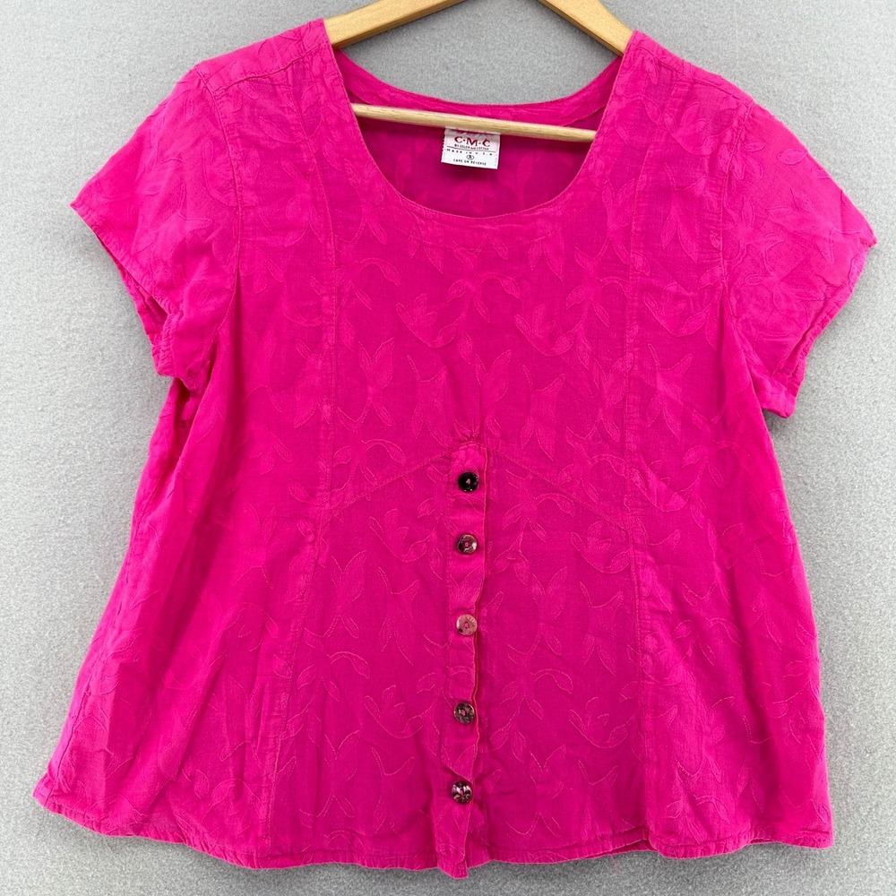VTG CMC Hot Pink Floral Lightweight Button Front Short Sleeve Top SZ S 90s 80s